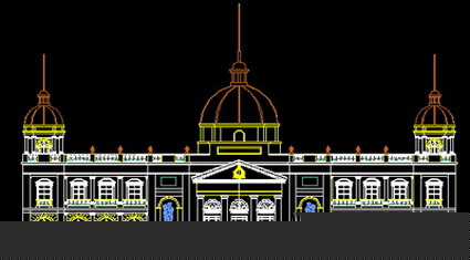 European-style building exterior elevation, vestibule, bookcases Detailing